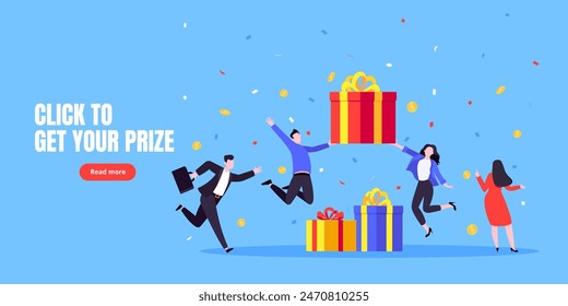 Get online incentive gift benefit reward and gifts, earn loyalty program points. Get loyalty card and customer service business concept flat design vector illustration. Tiny people with big gift boxes