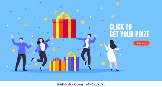 Get online incentive gift benefit reward and gifts, earn loyalty program points. Get loyalty card and customer service business concept flat design vector illustration. Tiny people with big gift boxes