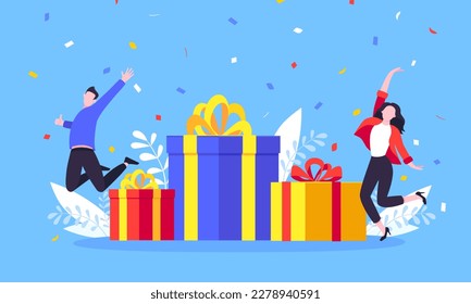 Get online reward and gifts, earn loyalty program points. Get loyalty card and customer service business concept flat design vector illustration. Tiny people with big gift boxes.