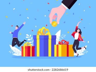 Get online reward and gifts, earn loyalty program points. Get loyalty card and customer service business concept flat design vector illustration. Tiny people with big gift boxes.