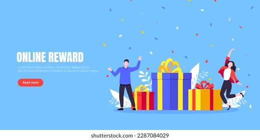 Get online reward and gifts, earn loyalty program points. Get loyalty card and customer service business concept flat design vector illustration. Tiny people with big gift boxes.