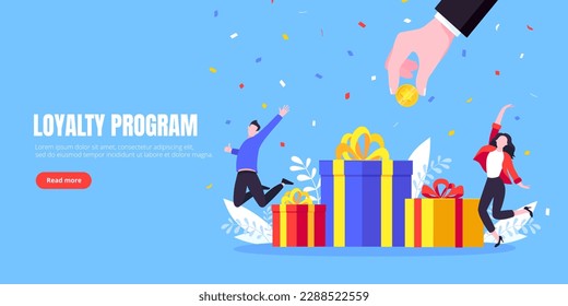 Get online reward and gifts, earn loyalty program points. Get loyalty card and customer service business concept flat design vector illustration. Tiny people with big gift boxes.