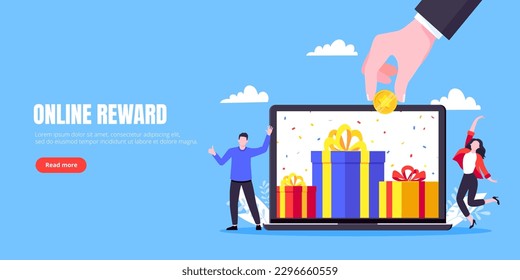 Get online reward and gifts, earn loyalty program points. Get loyalty card and customer service business concept flat design vector illustration. Tiny people with big gift boxes.