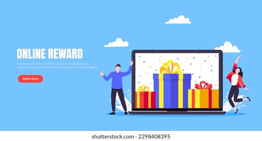 Get online reward and gifts, earn loyalty program points. Get loyalty card and customer service business concept flat design vector illustration. Tiny people with big gift boxes.