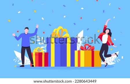 Get online reward and gifts, earn loyalty program points. Get loyalty card and customer service business concept flat design vector illustration. Tiny people with big gift boxes.
