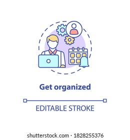 Get organized concept icon. Freshman time management. Project and assignment completion. College life idea thin line illustration. Vector isolated outline RGB color drawing. Editable stroke