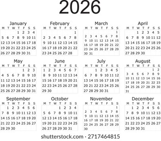 Get organized with this clean and modern 2026 calendar template. Designed with a minimalist aesthetic, this black and white layout features a standard 12-month view starting on Mondays. The clear sans-serif typography makes it perfect for printing as office wall art, desk planners, or for use in digital scheduling apps and personal agendas. Ideal for business, academic, or home organization.