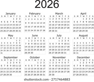 Organízate con esta Plantilla de calendario 2026 limpia y moderna. Diseñado con una estética minimalista, este diseño en blanco y negro cuenta con una vista estándar de 12 meses a partir de los domingos. La clara tipografía sans-serif lo hace perfecto para imprimir como arte de pared de oficina, planificadores de escritorio o para su uso en App de programación digital y agendas personales. Ideal para organización empresarial, académica o doméstica.
