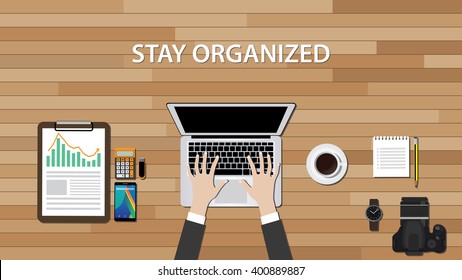 get organized workspace with people work on his desk