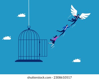 Get out of the reservation. Businessman flying freely