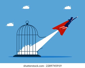 Get out of the safe zone. Businesswoman flies out of the cage. business concept
