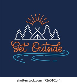 Get Outside. Camping In The Mountains. Colorful Illustration With Lettering Elements.