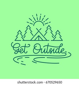 Get Outside. Camping In The Mountains. Hand Drawn Illustration With Lettering Elements.