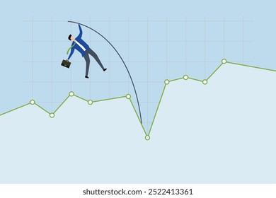 obter passe mercado de ações para baixo, investidor garantido empresário com sucesso pole vaults sobre cair gráfico de mercado.