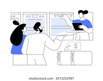 Obtener asesoramiento profesional aislado Ilustraciones vectoriales de dibujos animados. Pareja consultando con el vendedor sobre la elección de electrodomésticos, propietario de negocios, profesión comercial, caricatura de Vector inteligente al por menor.