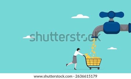 get profits from business or dividends from stock investments, making cash flow, income from affiliate marketing program, businesswoman collects golden coins from the water tap using a shopping cart