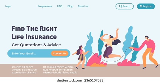 Get quotations and advice, find right life insurance for family and kids. Enter your email to complete registration process. Website landing page template, internet site. Vector in flat style