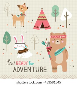 Get ready for adventure. Quote poster with cute tribal animals.