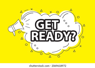 Get Ready banner template. Advertising design for social network vector illustration. Template for retail promotion and announcement. Online shopping and marketing flyer with megaphone