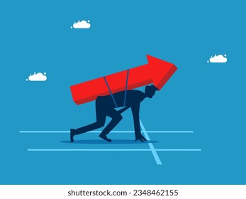 Get ready to grow. woman start running race with growth arrow 