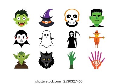 Prepárate para Halloween con nuestro Paquete de personajes de Halloween simple! Esta colección cuenta con iconos vectoriales fáciles de reconocer, incluyendo un zombi, bruja, vampiro, esqueleto, momia y más. 