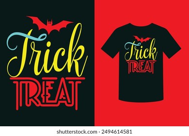 Get ready for Halloween with our "Trick or Treat Halloween T-Shirt Design"! Featuring spooky and fun elements, it's perfect for festive celebrations and adding a touch of frightful fun to your outfit.