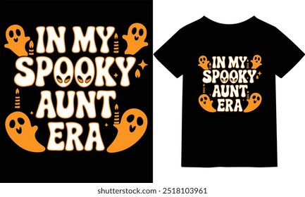 Get ready for Halloween with this fun and spooky "In My Spooky Aunt Era" T-shirt! Perfect for all the aunts out there who love the Halloween season, this playful design features cute ghosts, pumpkins,