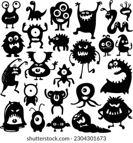 Get ready for Halloween with this set of 24 cute monster vector silhouettes! Perfect for adding a touch of spooky fun to your designs.