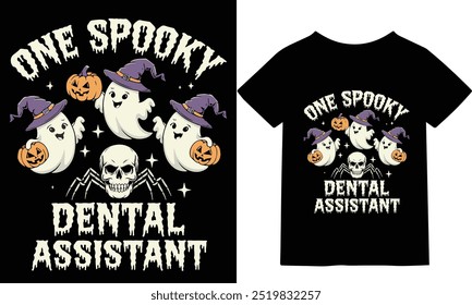  "Get ready for Halloween with this spooky dental assistant-themed t-shirt! Perfect for dental professionals who love a bit of festive fun, this design features eerie elements that make it a must-have