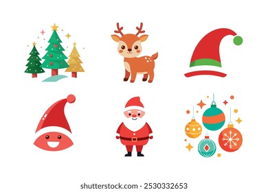 Prepárate para las fiestas navideñas con este vibrante Paquete de diseño de Navidades. Con coloridos Vectores de decoraciones festivas, árboles de Navidad, ciervos, Papá Noel, cajas de regalo, sombreros y más. Perfecto para