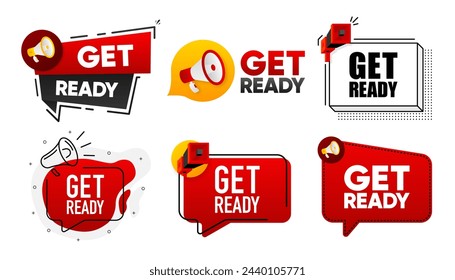 Get Ready. Megaphone label collection with text. Marketing and promotion. Vector Illustration.