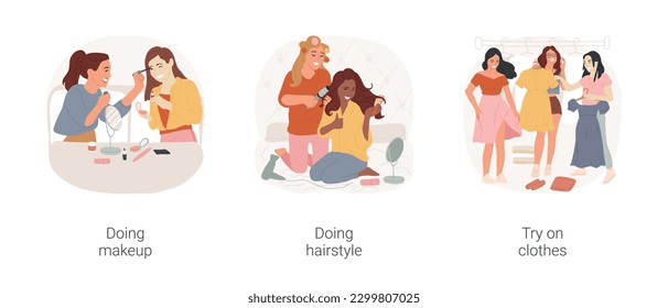 Get ready for a party isolated cartoon vector illustration set. Girls doing makeup together, making hairstyle, teens in front of the mirror, choosing party clothes, bright outfit vector cartoon.