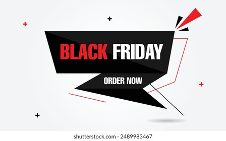 Bereiten Sie sich auf Einsparungen vor mit unserer Black Friday Order Now Banner Vorlage mit weißem Hintergrund und dynamischer schwarz-roter Vektorgrafik Shop smart, Shop now Illustration 