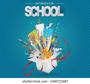 Get ready for school background with an open gift box and study supplies. Realistic vector illustration.