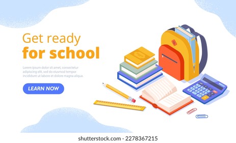 Get ready for school. Backpack with books and notebooks next to calculator. September 1 and International Day of Knowledge. Education, learning and training. Cartoon isometric vector illustration