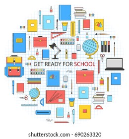 Get ready for school banner. Set of school objects: eraser, pens, brush, ruler, notebook, globe, laptop, scissors, school uniform, glue, shoes, lamp, desk, schoolbag.
