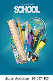 Get ready for school poster or flyer. Stationery items for kids - scissors, spyglass, ruler, calculator, paper clips, pins, markers, pencils, ball pen. Typography text sign. realistic vector