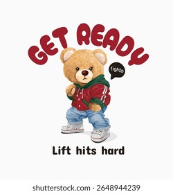 obter slogan pronto com urso em guarda pose ilustração de vetor gráfico