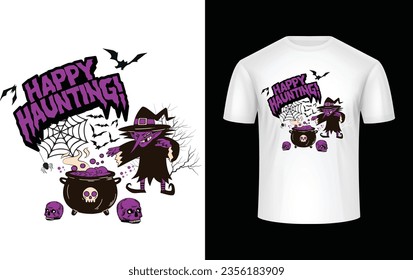 Machen Sie sich bereit, mit unserem T-Shirt-Design "Happy Haunting" ein wenig spaßigen Beifall zu verteilen! Dieses bezaubernde Design erfasst das Wesen von Halloween mit einer verspielten Wendung.