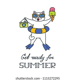 Get ready for summer. Doodle vector illustration of happy white cat holding an ice cream and a photo camera