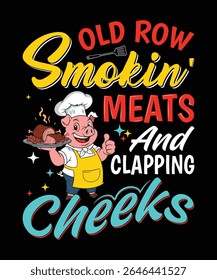 Get ready to turn heads and fire up laughs with this hilarious “Old Row Smokin' Meats and Clippin' Cheeks” BBQ T-shirt! Featuring a cheerful pig chef serving up