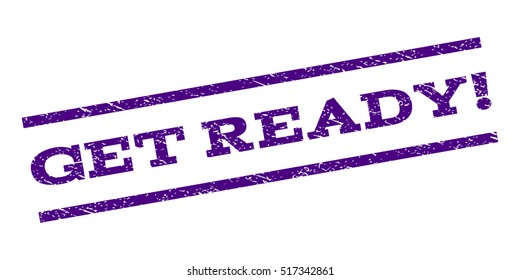 Get Ready! watermark stamp. Text tag between parallel lines with grunge design style. Rubber seal stamp with unclean texture. Vector indigo blue color ink imprint on a white background.
