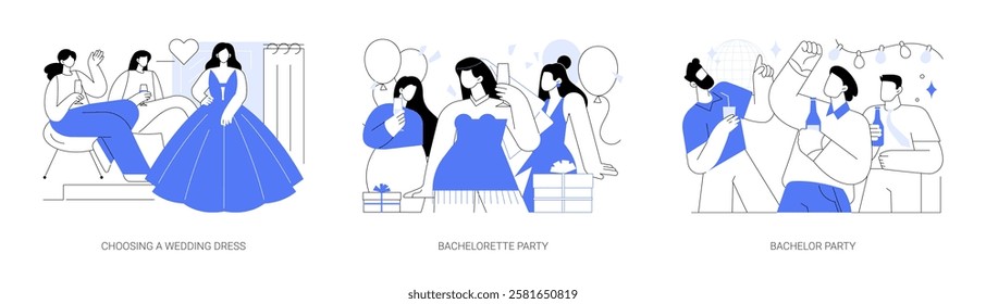 Get ready for a wedding isolated cartoon vector illustrations set. Young bride choosing elegant white dress, bachelorette party, bridesmaids have fun together, bachelor celebration vector cartoon.