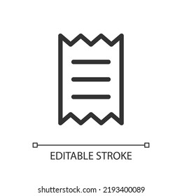 Get receipt for purchase pixel perfect linear ui icon. Payment information. Online market. GUI, UX design. Outline isolated user interface element for app and web. Editable stroke. Arial font used