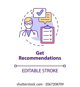 Get Recommendations Concept Icon. Healthcare Advice From Professional. Medical Treatment. Physiotherapy Abstract Idea Thin Line Illustration. Vector Isolated Outline Color Drawing. Editable Stroke