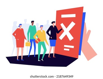Get rejected - modern colorful flat design style illustration on white background. A scene with long queue at the end of which an official decision is issued. Pass or refuse. Ban and canceling
