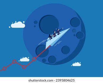 Get rich or invest to make a profit. team of businessmen controls a paper airplane and flies growth graph to the moon