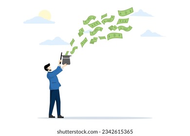 get rich quick concept, make money or return on investment, stimulate money, financial or wealth advisor, business magician using magic wand to make money from magic hat.
