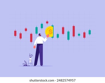 Enriquecerse con el concepto de negociación del mercado de valores, el comerciante obtiene ganancias con el comercio de inversión, el crecimiento del mercado de valores, el hombre de negocios invierte dinero en moneda en el mercado de valores