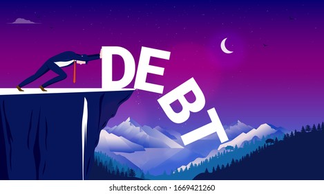 Get Rid Of Debt - Man Pushing The Word Debt Over A Cliff. Decrease, Lower, And Zero Debt Concept. Vector Illustration.